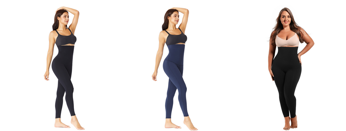Donne che indossano un leggings modellante vita alta colori nero e blue, con uno sfondo bianco sfoggiano una figura snella e felice